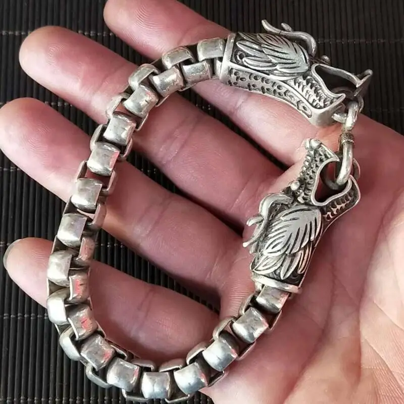 Chinese Exquisite Old Tibetan Silver Carved Dragon Head Bracelet B1