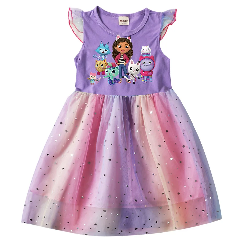 Vestido de princesa de gato de casa de muñecas para niños, vestido de malla arcoíris informal de verano para niñas, Carnaval, boda, fiesta de cumpleaños