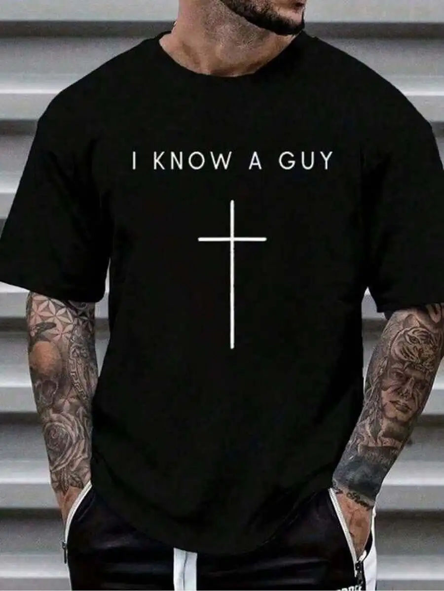 1Pc Men's Cross Inscription Print Black Tshirt, Unisex Casual Crew Neck Tee, Plus Size 5Xl, Lightweight 180Gsm Knit Fabric Top