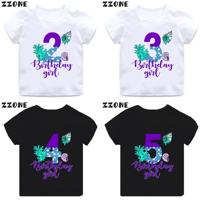 Cute Mermaid Number Bow Print Girls Clothes 1 2 3 4 5 6 7 8 9 Years Happy Birthday Kids Short Sleeve T shirt Baby Boys T-Shirts