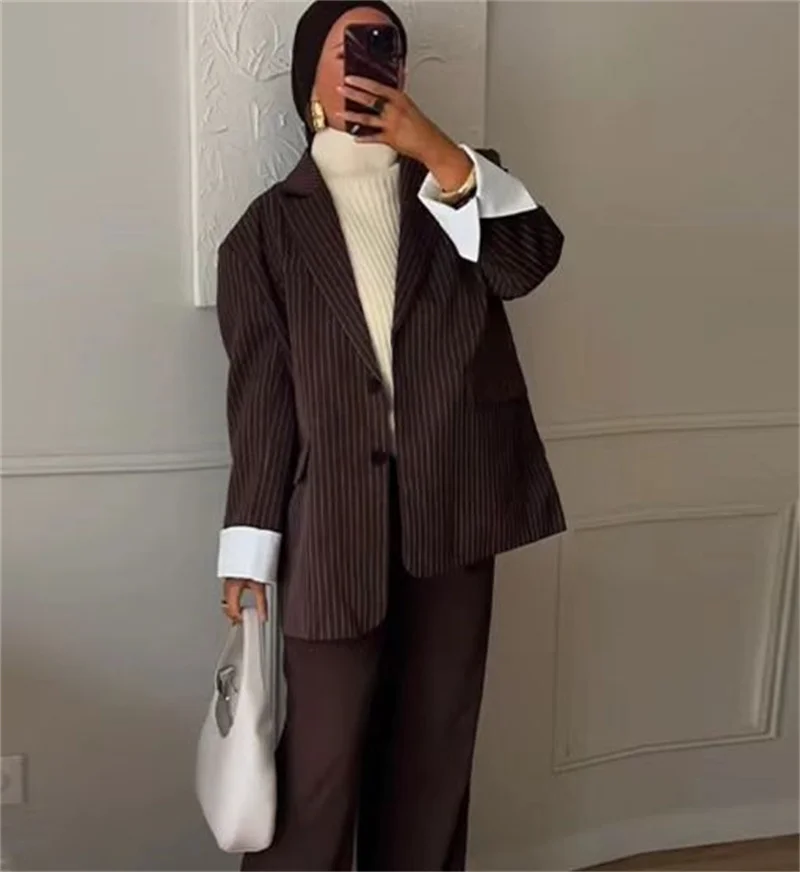 Abito da donna - Blazer versatile a due bottoni vestibilità ampia a righe marroni stile Blogger Abbigliamento da donna alla moda primaverile e autunnale