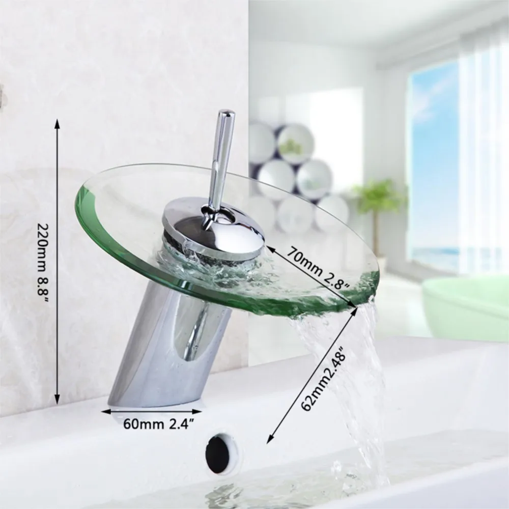 Torayvino Waterfall Round Glass Spout Basin Sink Bathroom Faucet Chrome Polished Finish Deck Mounted Single Hole Mixer Water Tap