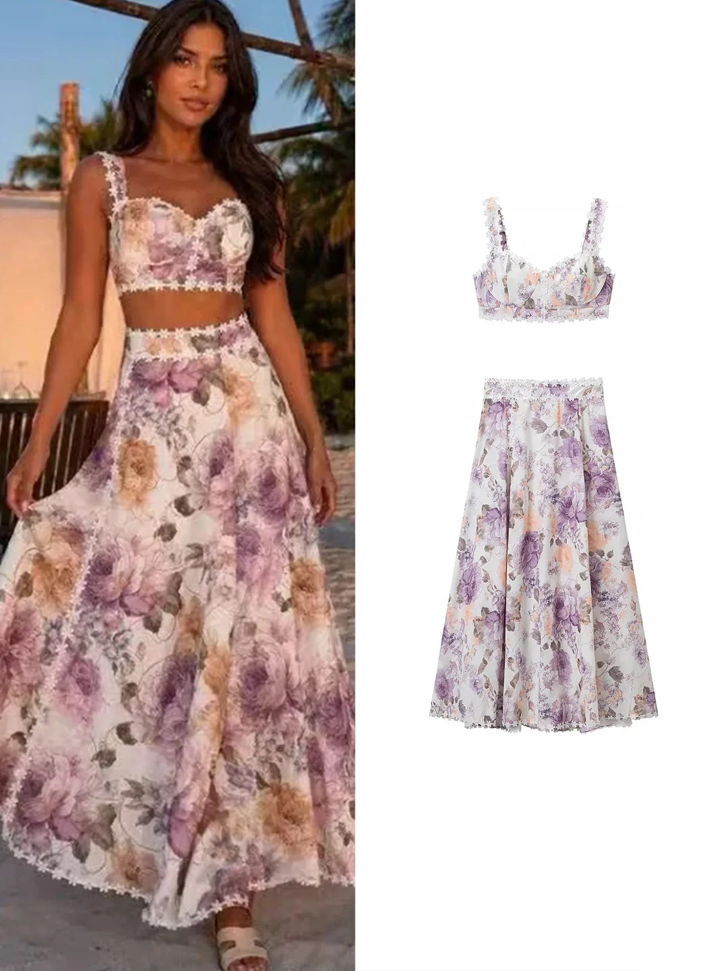 Fall New Arrival Women's Holiday Style Color Block Ruffle Trim Halter Zipper Mid-Length Skirt Set Fashionable Two-Piece Outfit