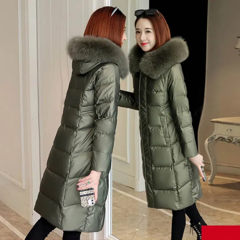 New Fashion Glossy Down  Women's Long Knee-length Korean Version Loose Slim Fox Fur Collar Temperament Winter Coat Tide5XL