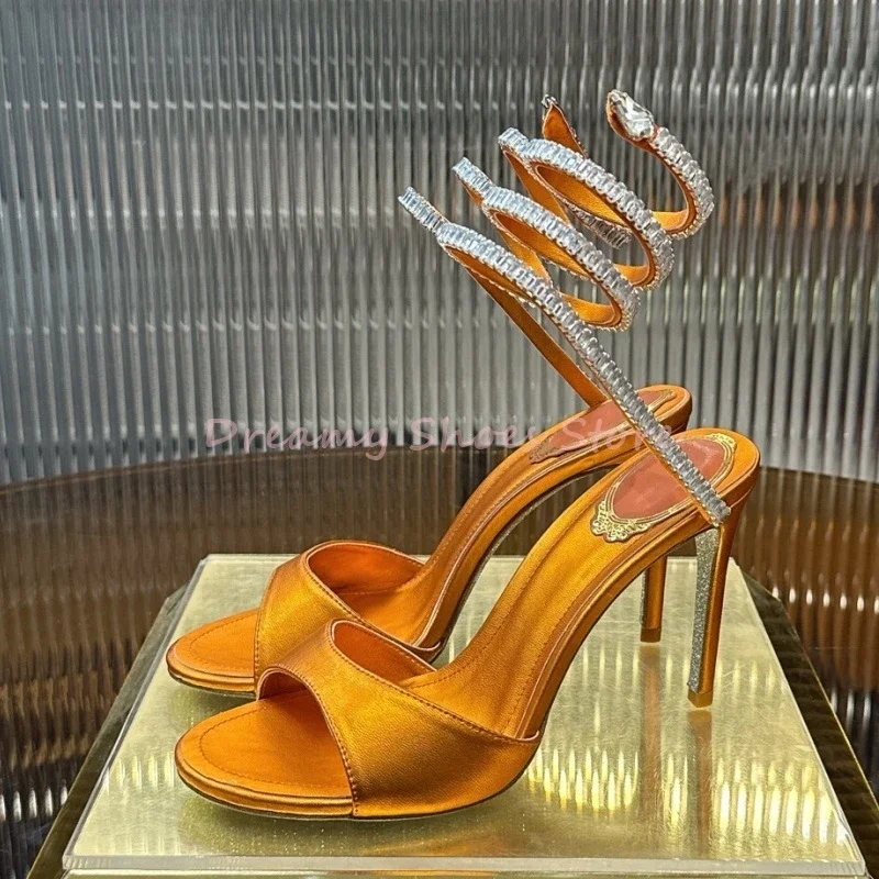 

Orange Leather Rhinestone Decor Snake Shaped Sandals Women Open Toe Slingback Thin High Heels Luxury Fashion Party Dress Shoes