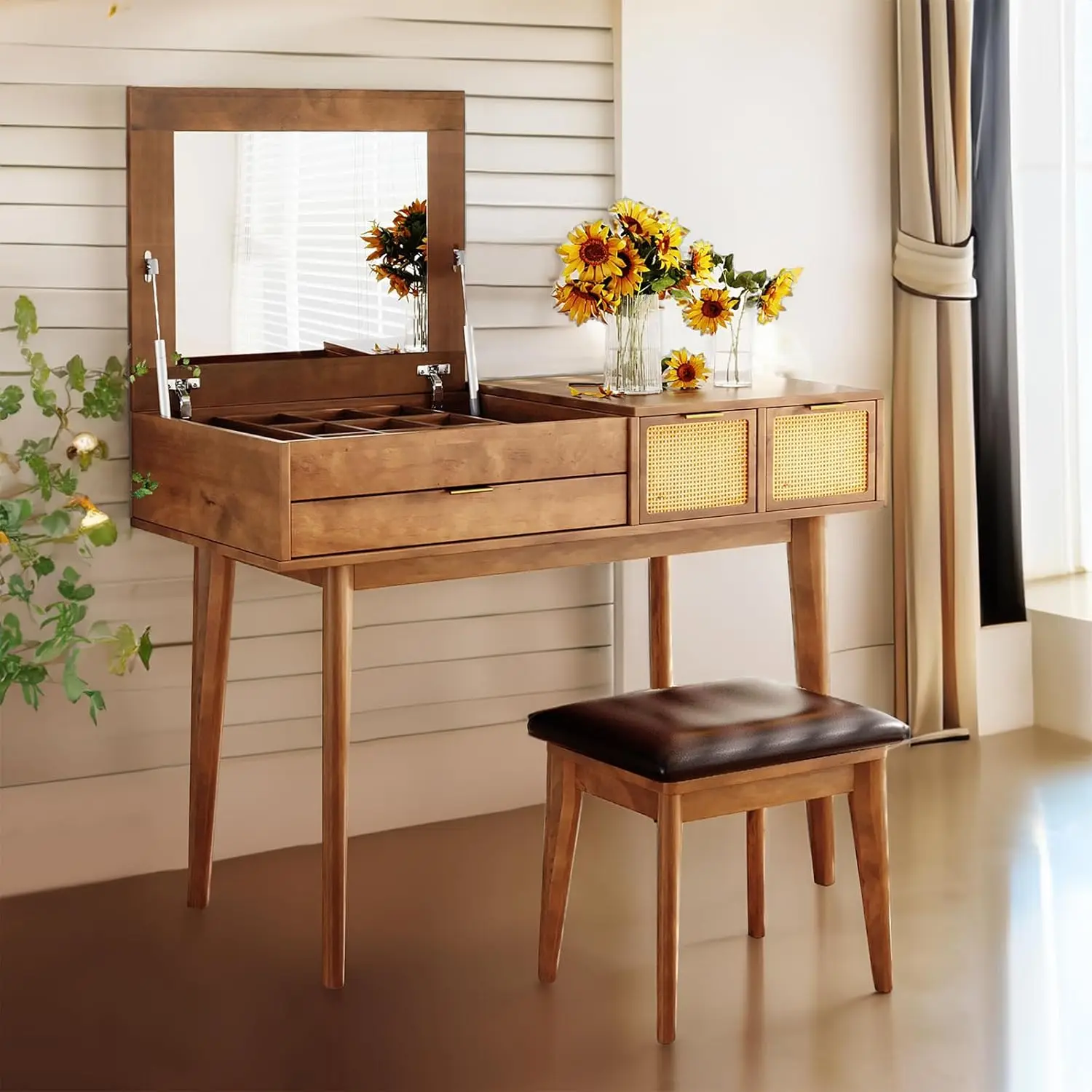 

Деревянный туалетный столик для макияжа 43,3 дюйма с откидным зеркалом и ящиками, туалетный столик с местом для хранения и мягким табуретом