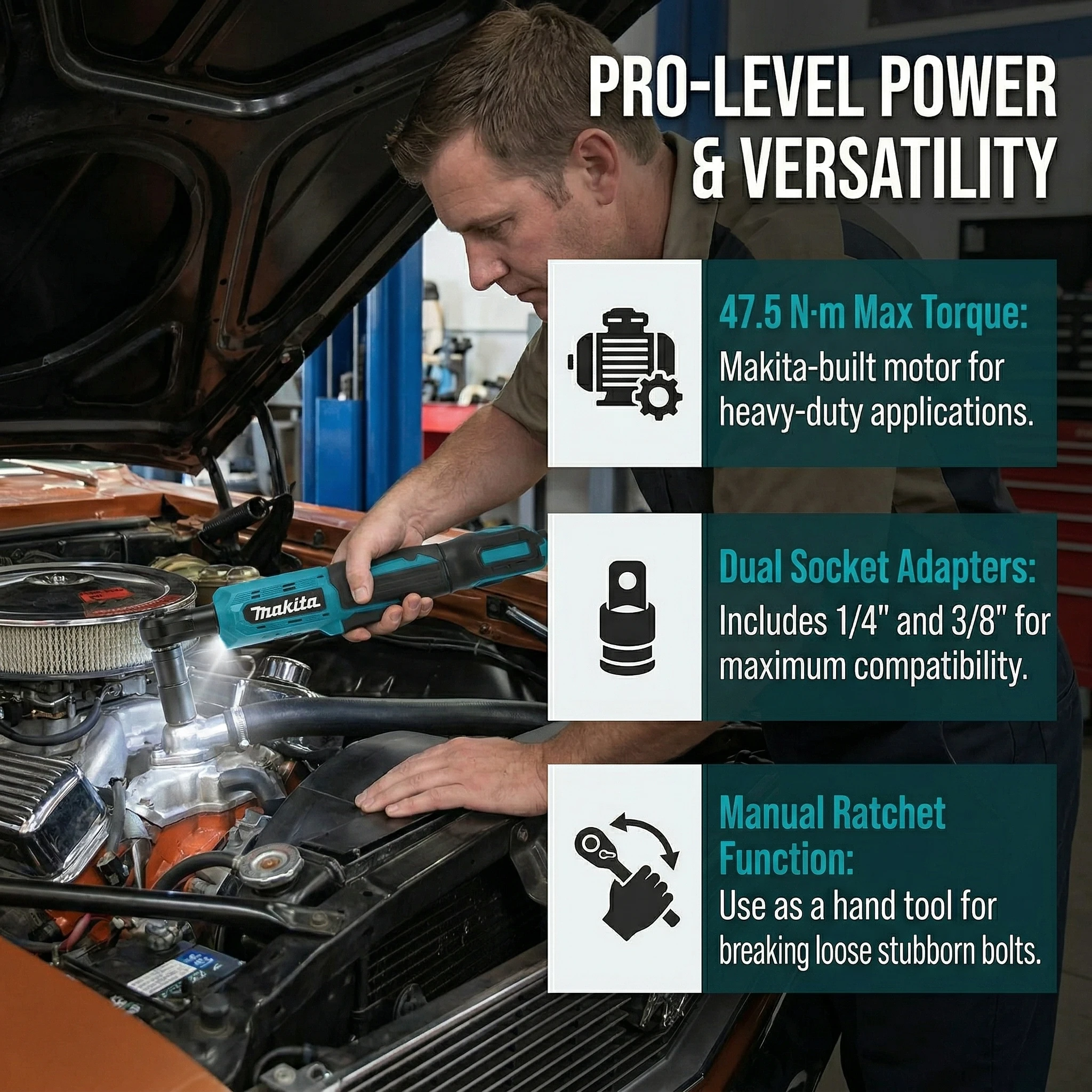 Makita DWR180 18V Cordless Ratchet Wrench 47.5Nm 0-800RPM 1/4 3/8 Drive with LED Light for Auto Repair Tight Space