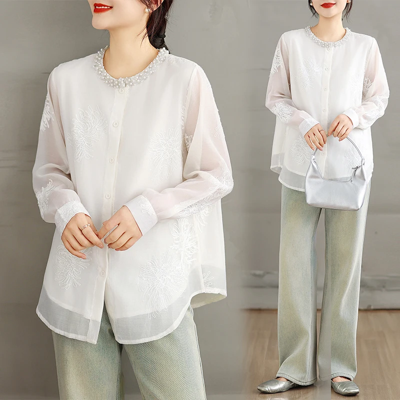 

Элегантная женская рубашка с вышивкой, свободного кроя, с длинным рукавом, больших размеров, новая весенняя модель, европейский стиль, смесовая ткань хлопок-полиэстер