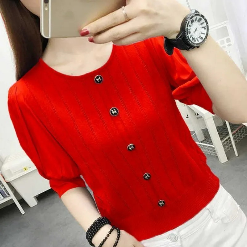 French Style Commuter Temperament Ice Silk Knitted Half-sleeved T-shirt 2024 New Round Neck Lantern Sleeve Button-up Top
