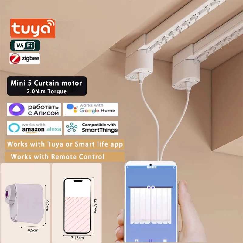 Tuya Mini5 Zigbee WiFi Electric Smart Curtain Motor Motorized System Customizable Track Rod Support Compatible with Alexa Google