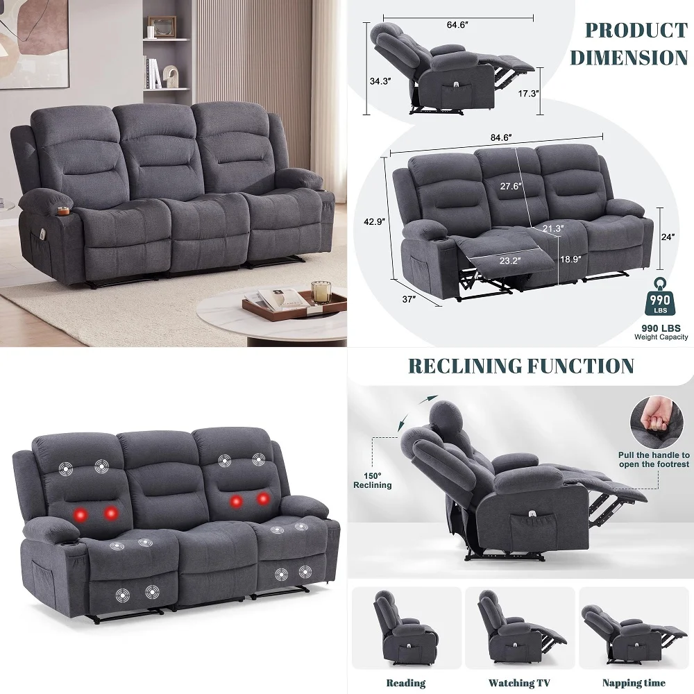 

Recliner Sofa, Home Theater Seating with Storage amp Pocket, Reclining Loveseat Sofa with USB Ports amp Phone Holders, Wall Hug