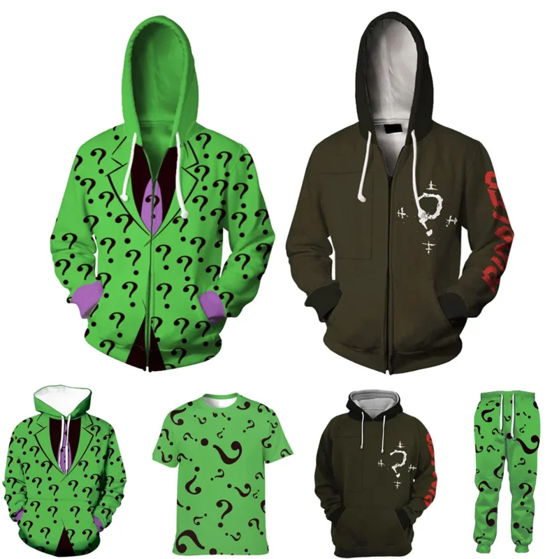 Sweat à capuche Riddler pour hommes et femmes, sweat-shirt imprimé 3D, pull, veste zippée, manteau et pantalon, t-shirt décontracté, streetwear, cosplay, OA1227