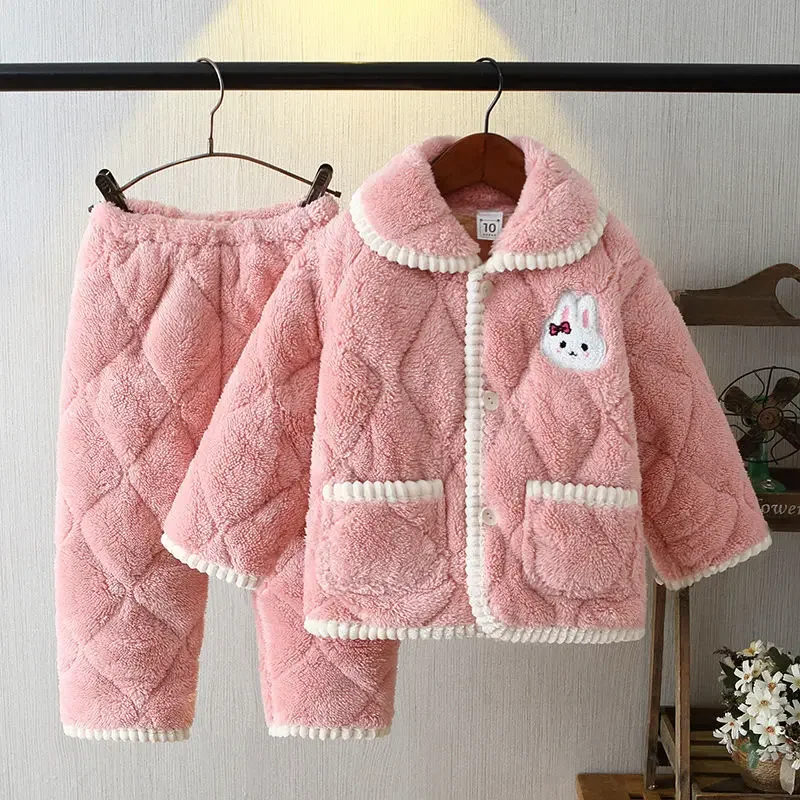 

Winter Teen Three-layer Thickened Padded Pajamas Sets Coral Fleece Boys and Girls Warm Rice Fleece Home Set Children's Clothing