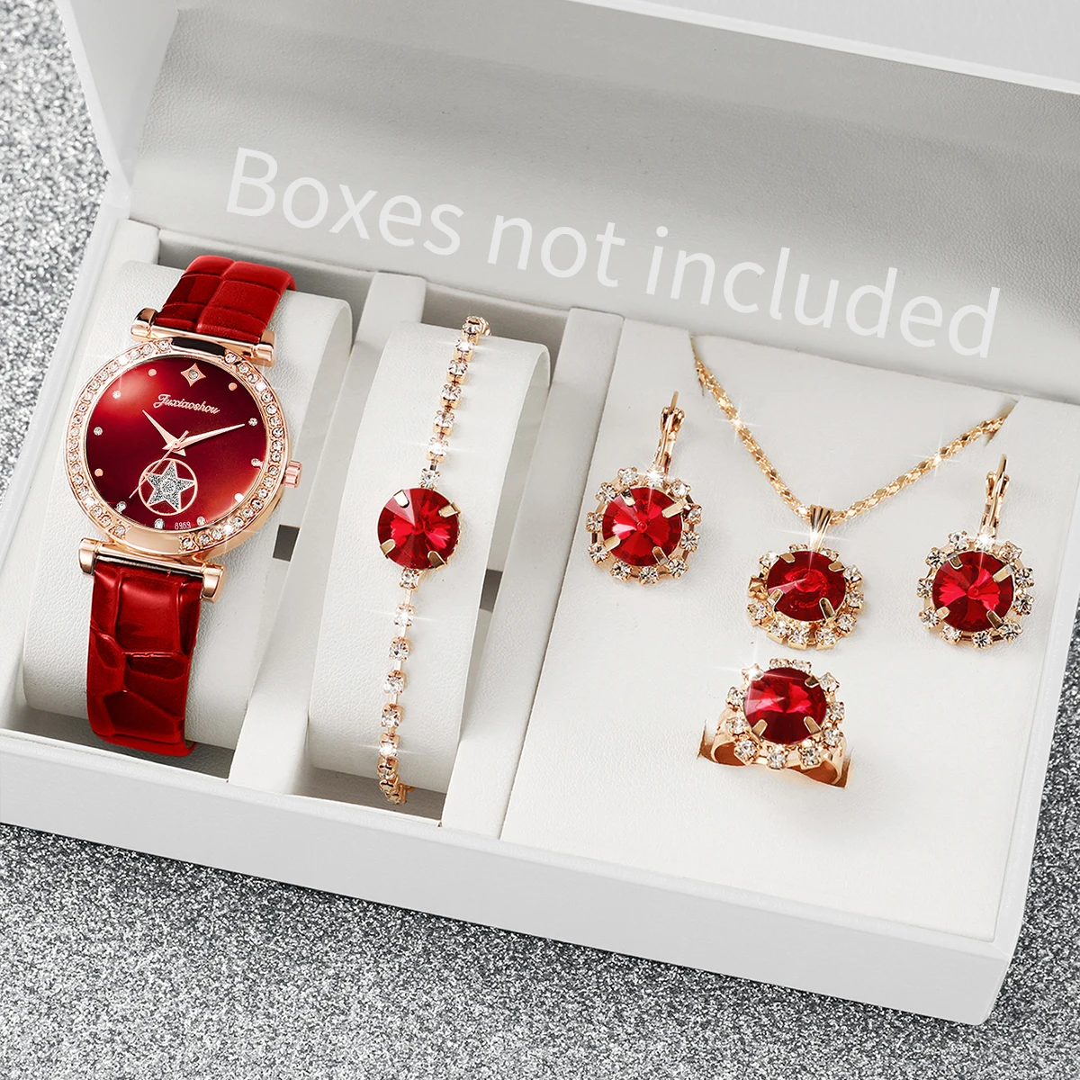 6 قطعة/المجموعة أزياء حجر الراين الأخضر المرأة ووتش حلقة من جلد التناظرية ساعات الكوارتز مجموعة مجوهرات (بدون صندوق) #2