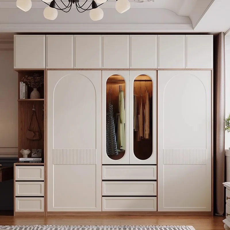 Cream style wardrobe white household small apartment clothes closet sliding door armadio guardaroba in legno bedroom furniture