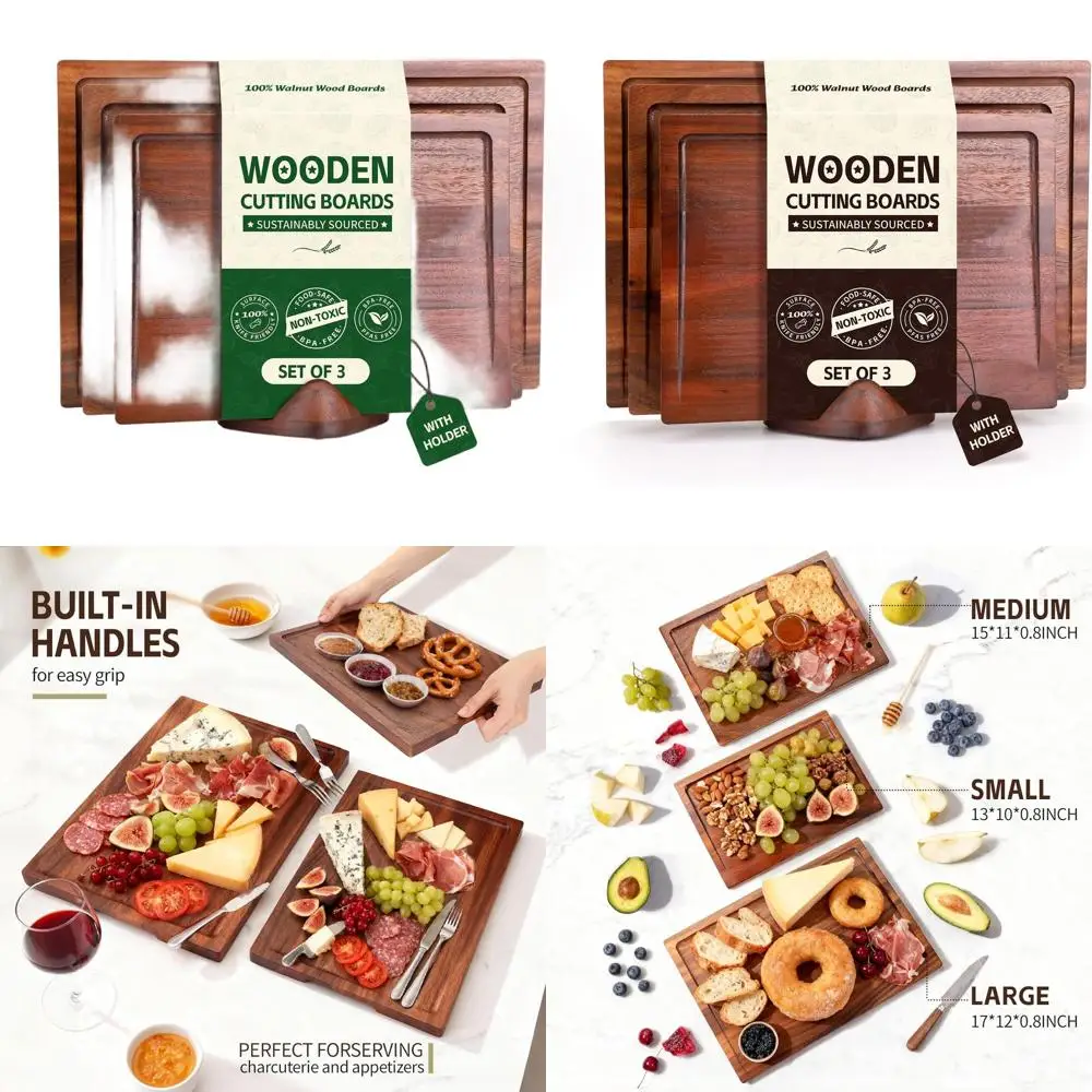 

3-Piece Walnut Chopping Boards Set with Holder, Large to Small, Deep Juice Grooves, Non-Toxic, Ideal Mother's Day Gift