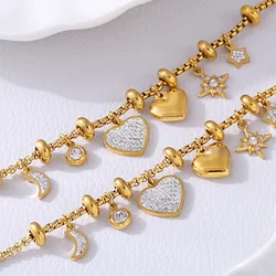 Liora Heart Moon Star Drop Pendant Women Stainless Steel Bracelets Zircon Wedding Banquet Charm African Bracelet Jewelry
