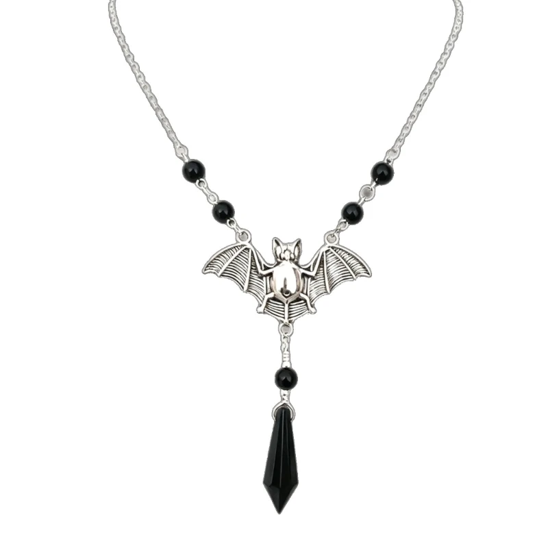 F2TD Bat Charm Necklace for Women and Men, Gothic Statement Jewelry with Black Beads and Drop Pendant, Adjustable Chain for