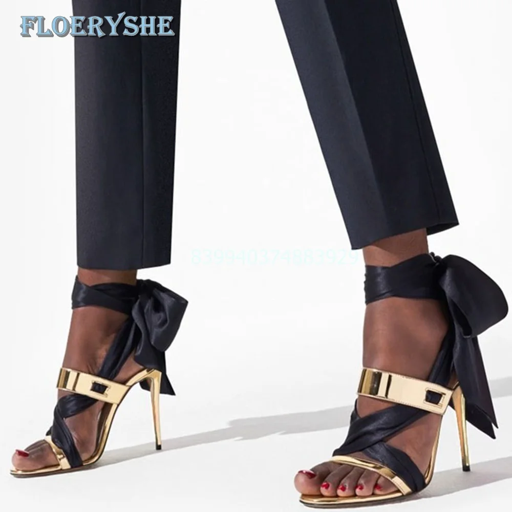 Cross Tied Gold Sandals One Strap Rome Summer Shoes Thin High Heel Round Open Toe 2024 Fashion Party Women's Sandals Lage Size