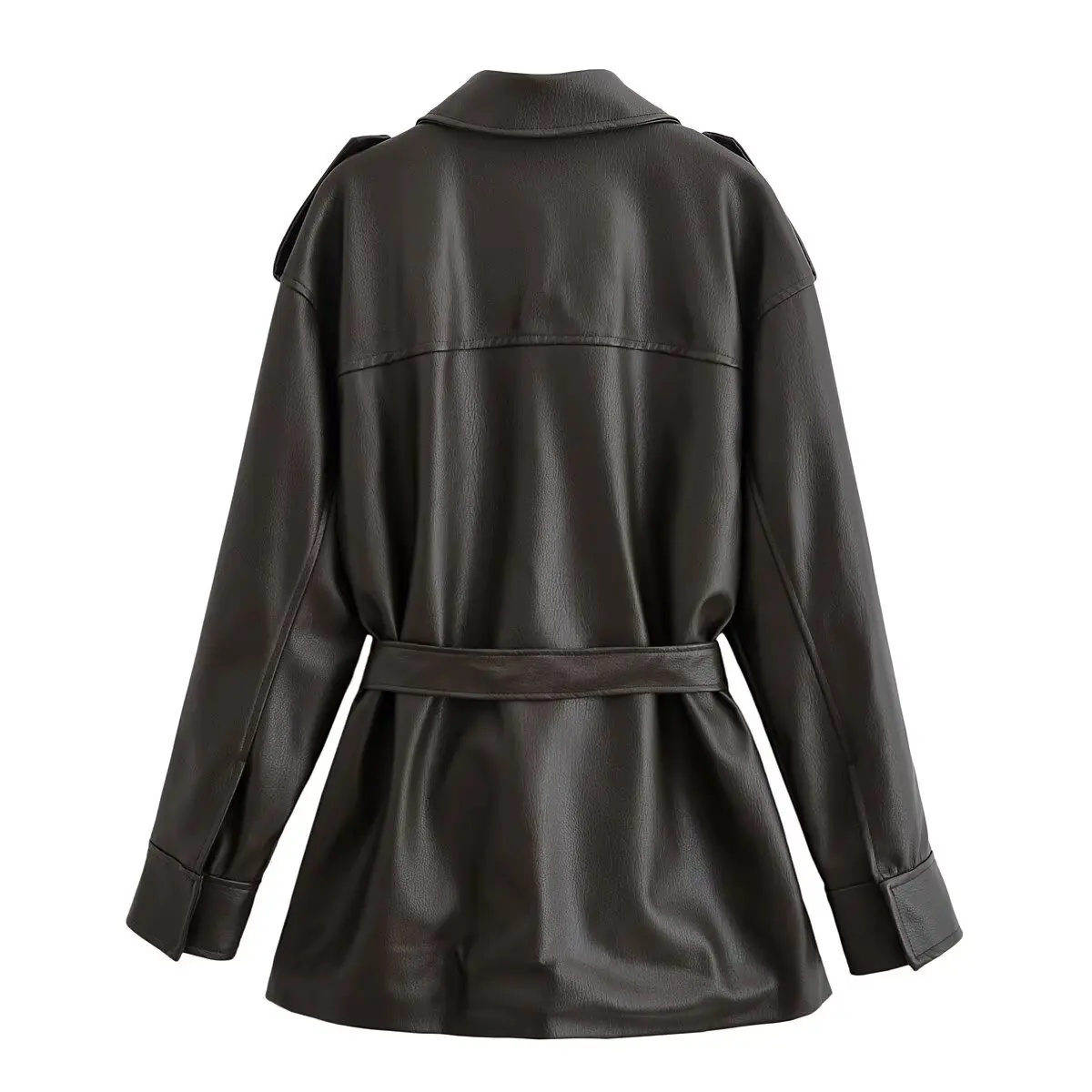 Diyigwoman autumn 2025 new fashion imitation leather with belt jacket retro long sleeve Joker lapel coat Outerwear Mujer