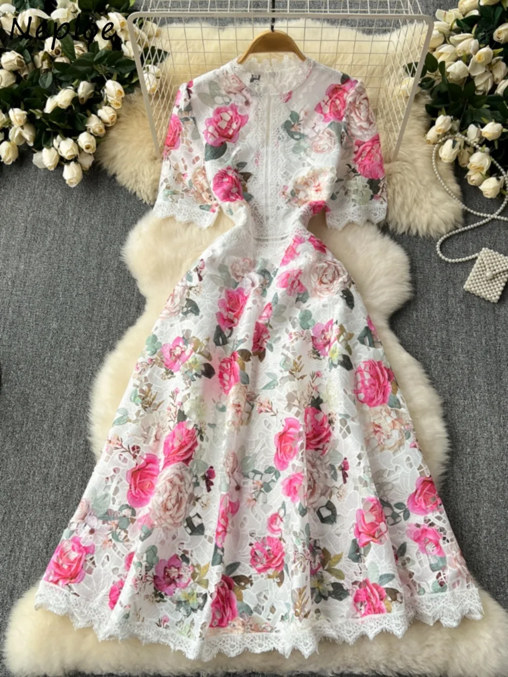 

Neploe Sweet O Neck Half Sleeve Print Dress High Waist French Style Lace Hollow Out Mujer Casual Fresh Patchwork Vintage Robe