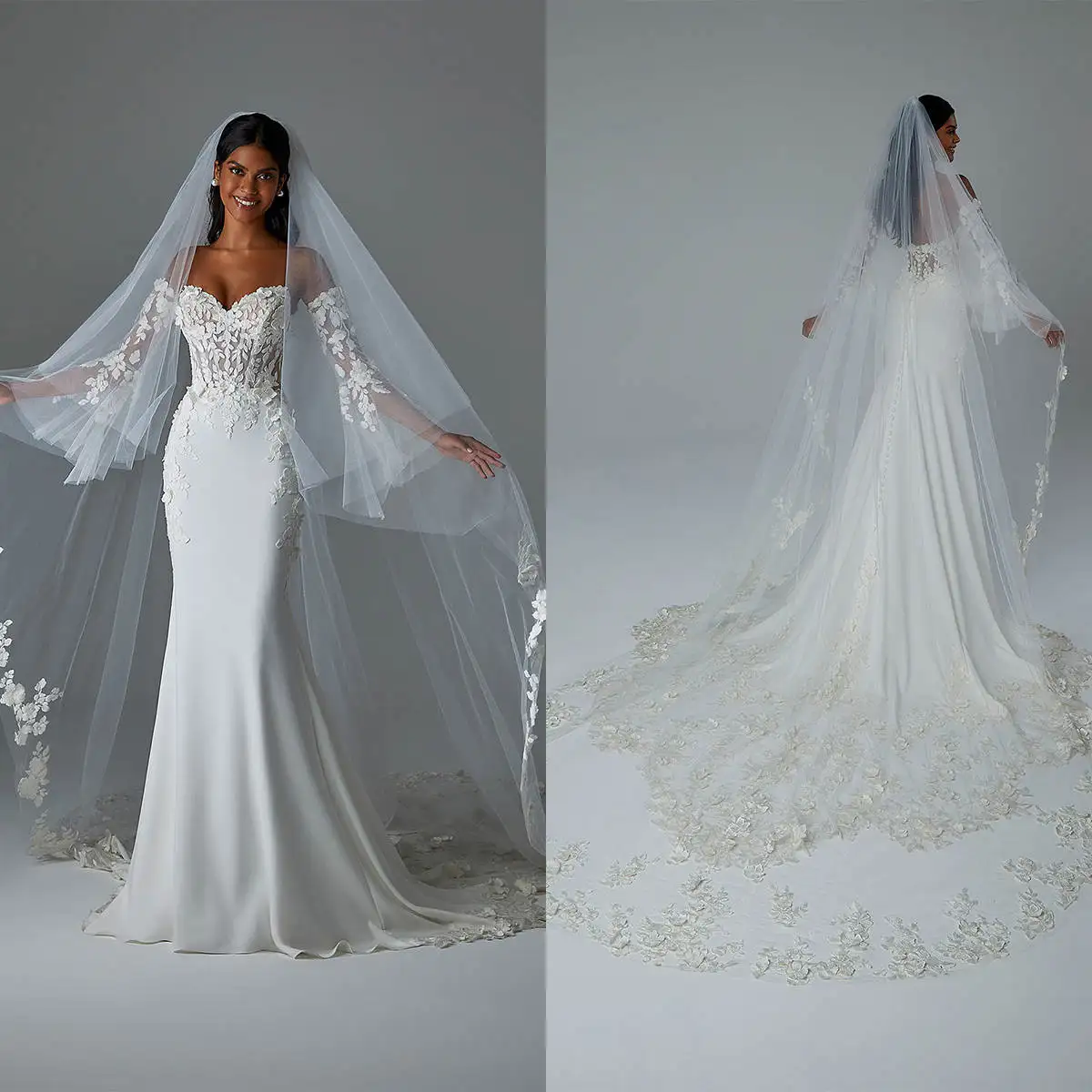 

Two Layer Customized Wedding Veils 3D Appliques Long Cathedral Length with Comb Bridal Veils Marriage Accessories