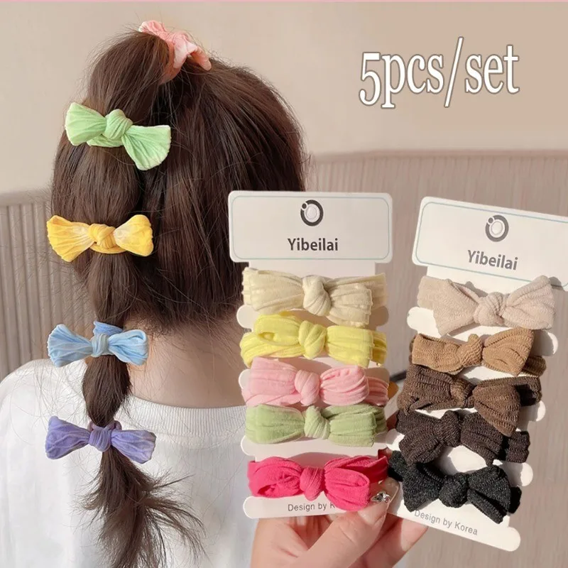 

5pcs/Set Children Bowknot Hair Rope Solid Color High Elastic Soft Hair Ties For Women Girls Ponytail Holder Rubber Band