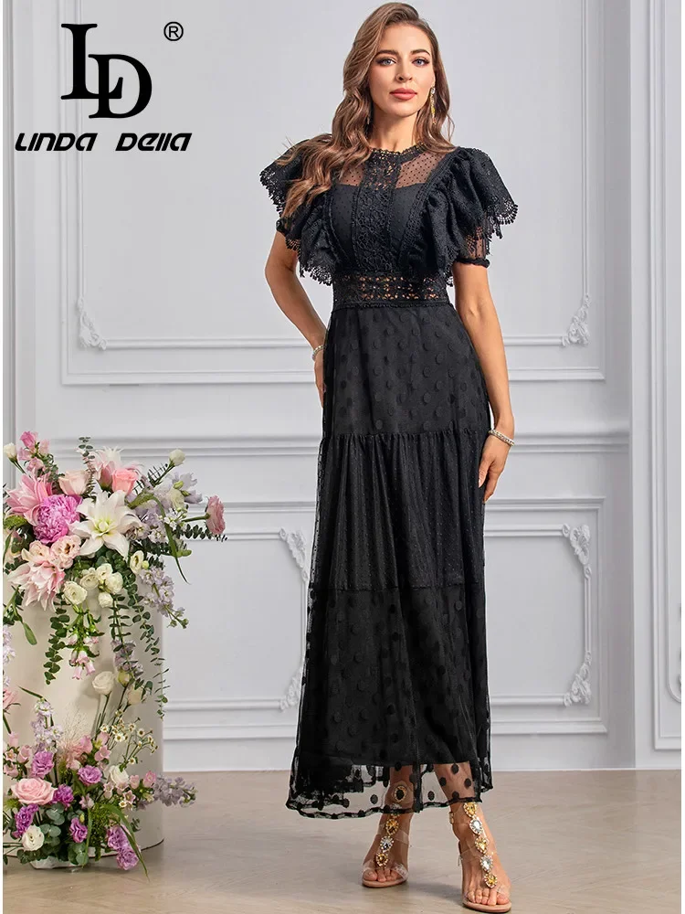 LD LINDA DELLA Fashion Designer Summer Dresses Women\'s Vintage Polka Dot Print Embroidery Lace Hollow Out Net Yarn Dresses