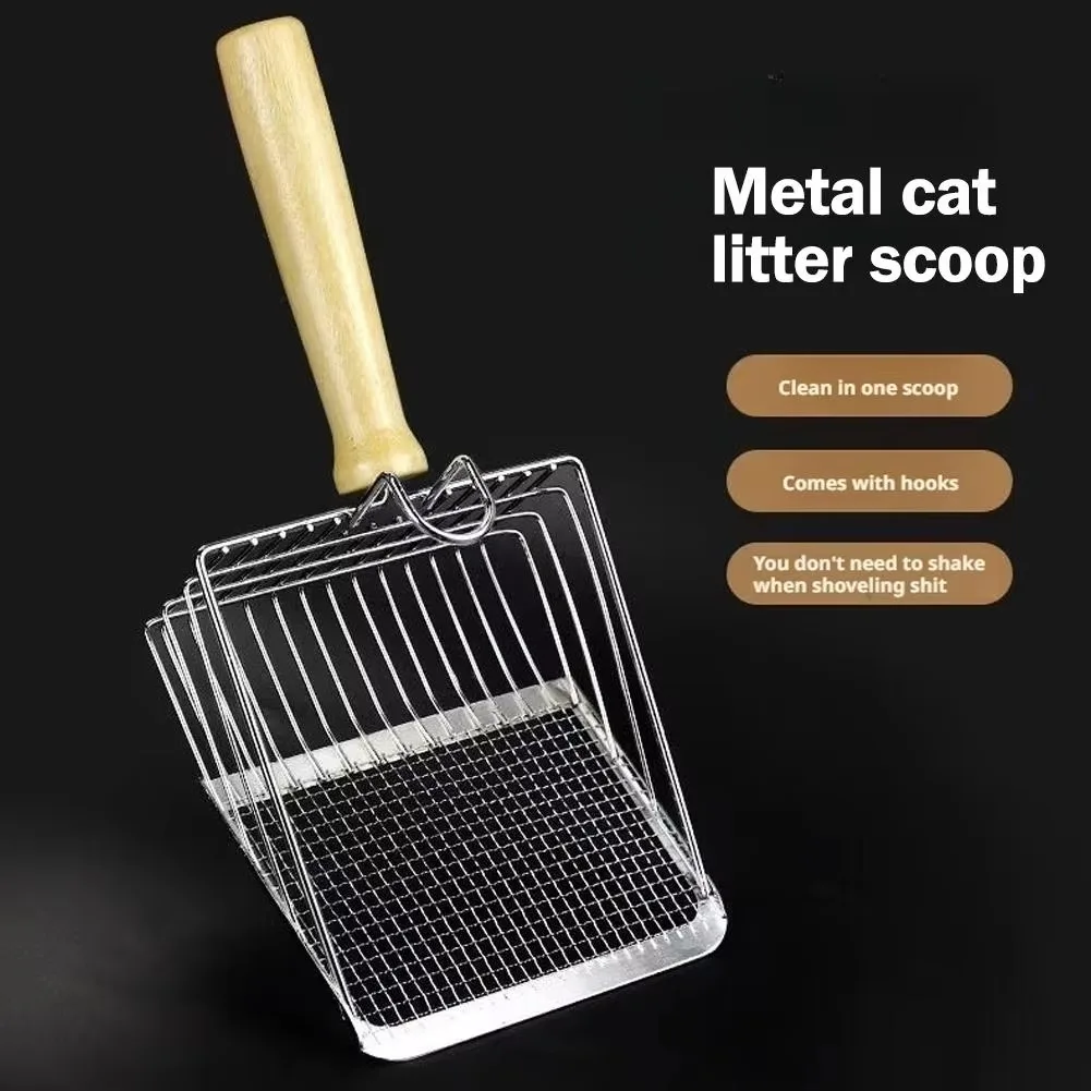 Metal Cat Litter Scoop with Wooden Handle, Wide Sifting Shovel with Fine Mesh and Large Slots, Hanging Hook Litter Box Cleaner