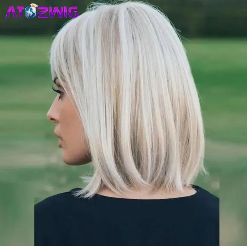 Ombre Blonde Bob Perruque avec Frange pour Femmes, Perruques Blondes Naturelles, Perruques Courtes