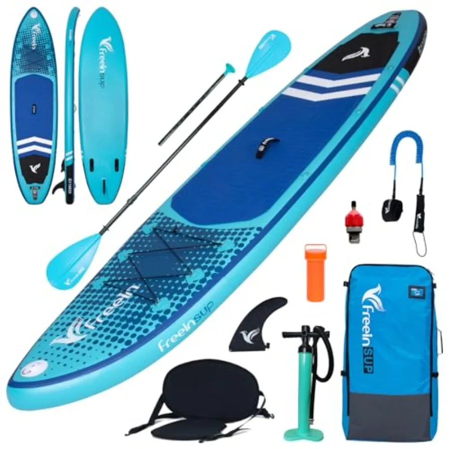 SUP inflatable stand up paddle board for adults, PVC material, blue, includes kayak seat, pump adaptor, and kayak paddle