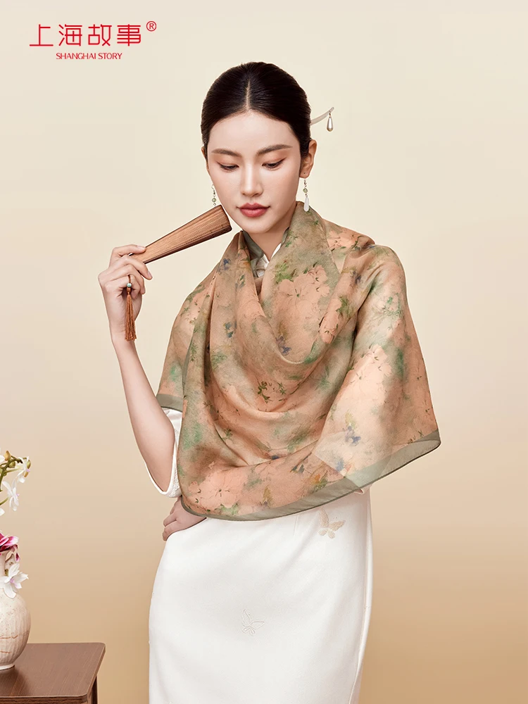 Silk Shawl Women\'s Plant Flower Printing and Dyeing Color Fashion High-End Spring Summer Multi-Functional Retro Chinese Gift Box