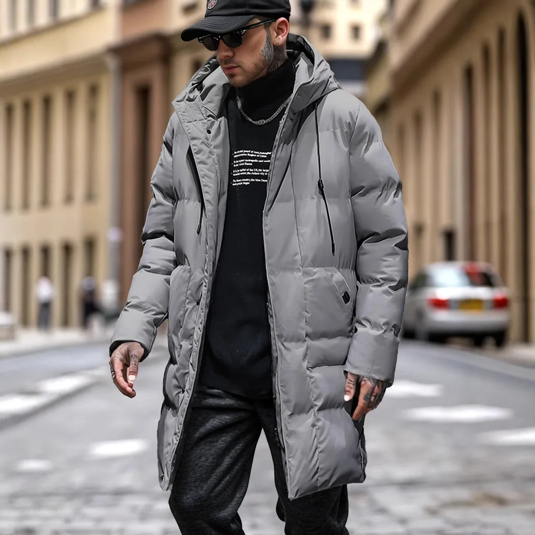 Winter Men Jacket Fashion Thicken Cold-proof Solid Color Male Down Coat Mid Length Long Sleeve Pocket Hooded Man Outerwear