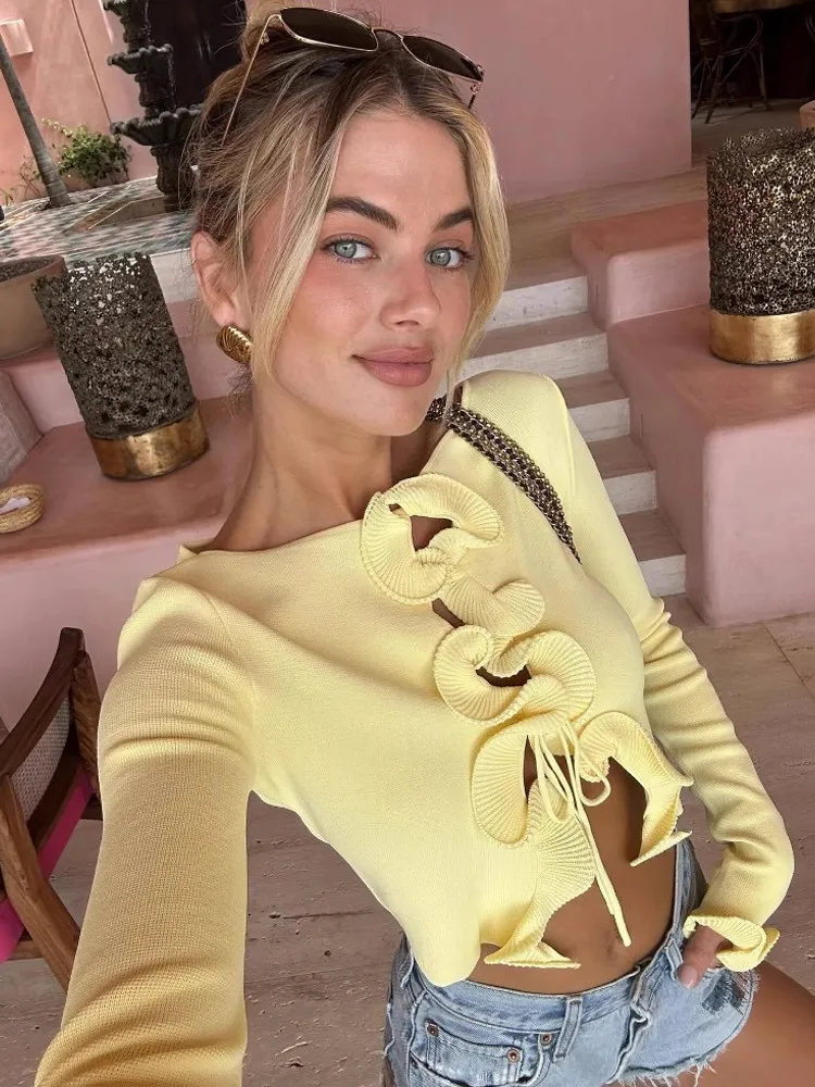 2025 New Fungus Long Sleeve Knitted Cardigan Female Contrast Color Splice Short Top Lace Up Bodycon Sweater Cardigan Lady