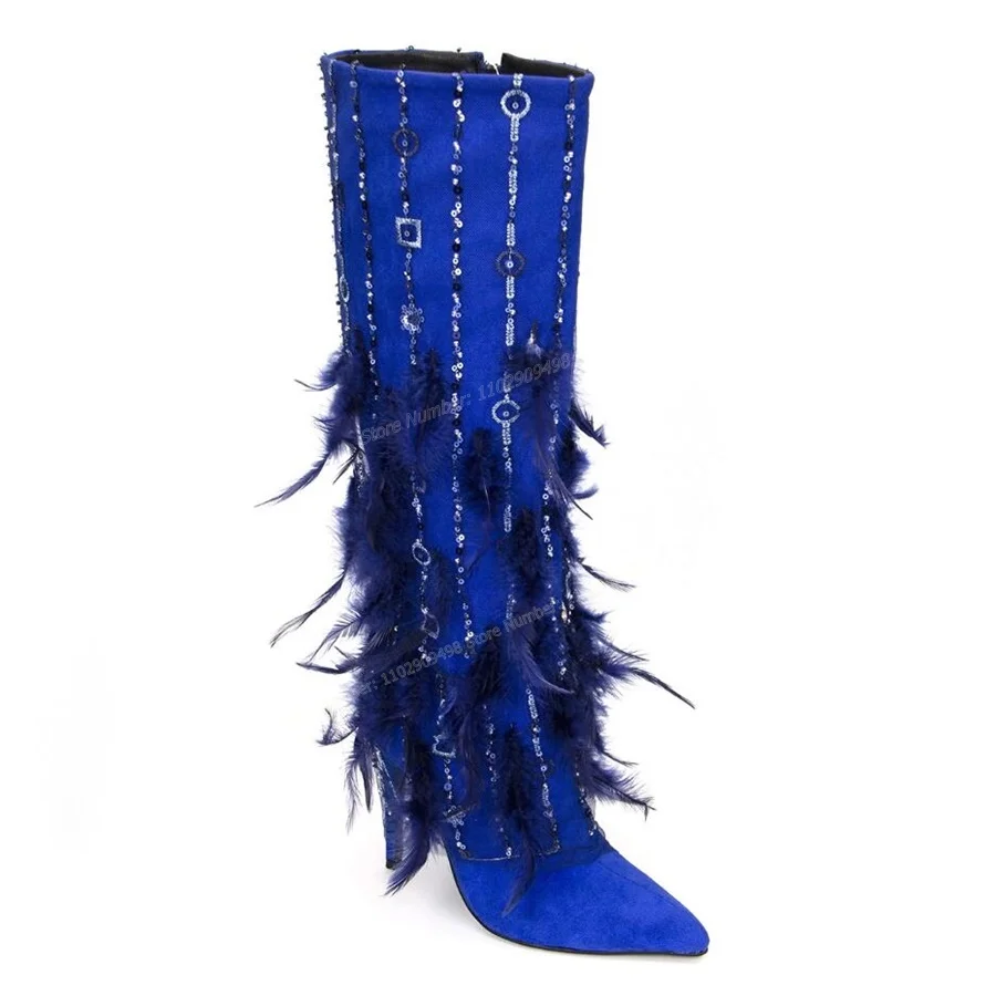 

Blue Velvet Feather Decor Boots Knee High Pointed Toe Shoes for Women Thin Heel High Heels Shoes 2023 Zapatos Para Mujere