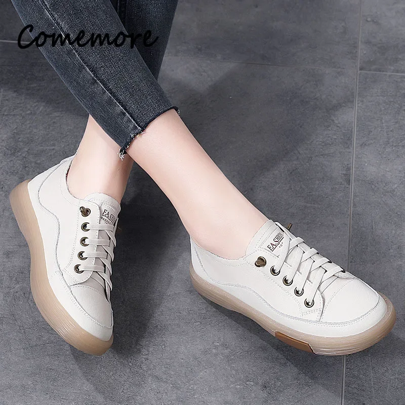 Comemore Leather Soft Sole Slip-on Flat Loafers Ladies Sneakers Hollow Out Breathable Women\'s Moccasins 2023 Women Casual Shoes