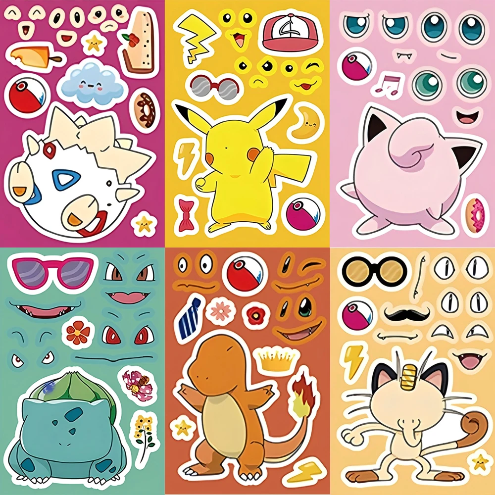 

8/16sheets Anime Pokemon Puzzle Stickers Decoration Make-a-Face Assemble Jigsaw Funny DIY Decals Educational for Kids Gift Toy