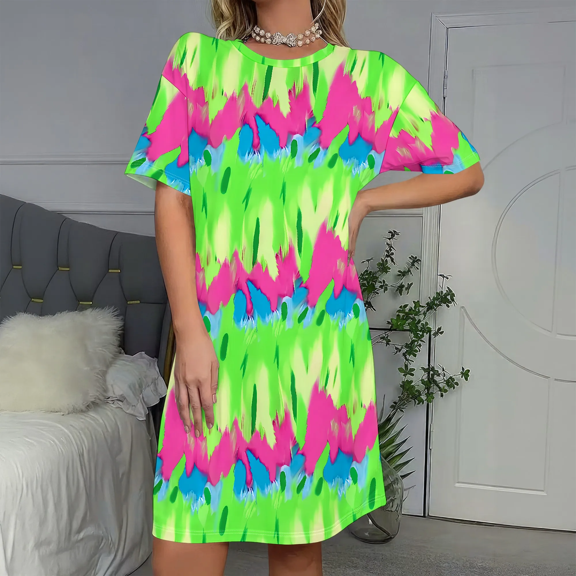 

Neon Print, Summer Dress, Abstract Pattern Artistic Wear, Vibrant Colors Casual Style, Beach Vacation Daily Outfit, S-2XL