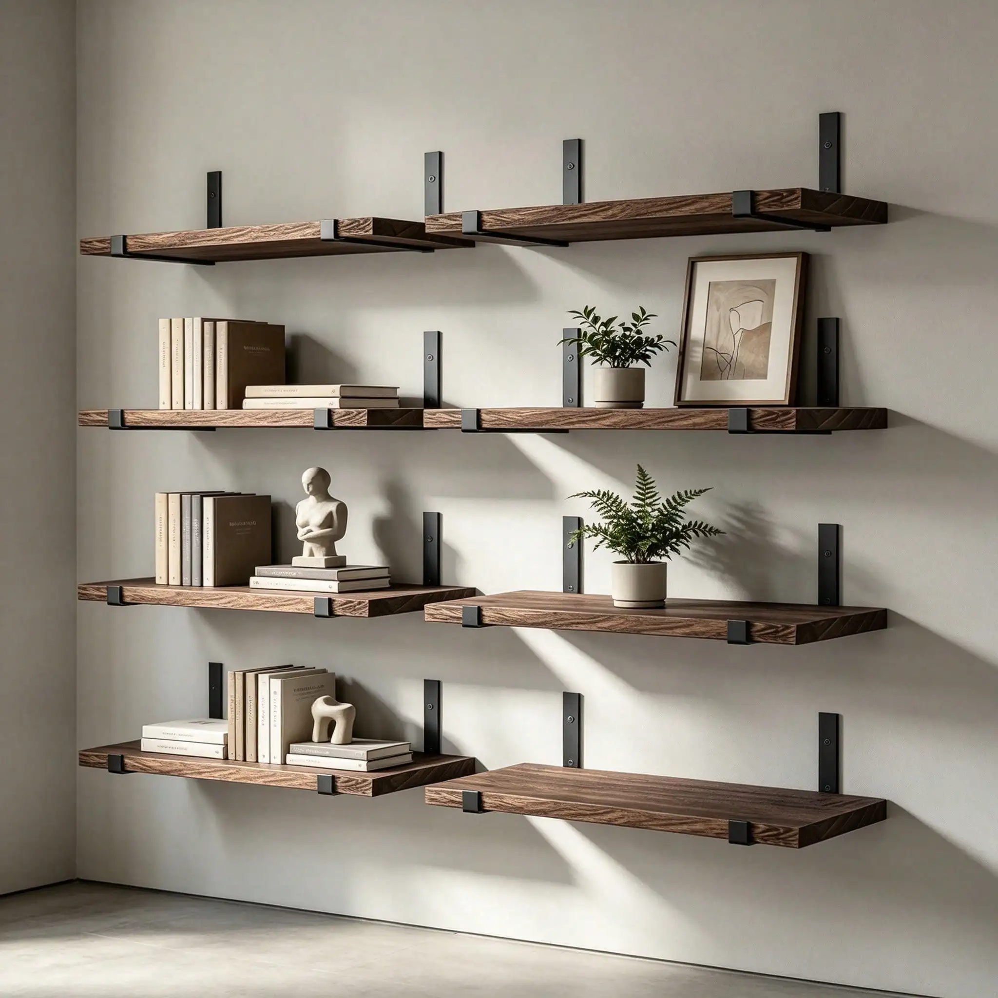 Wall-Mounted Floating Shelves  — Wooden shelves paired with wire storage baskets; for bathroom organization.