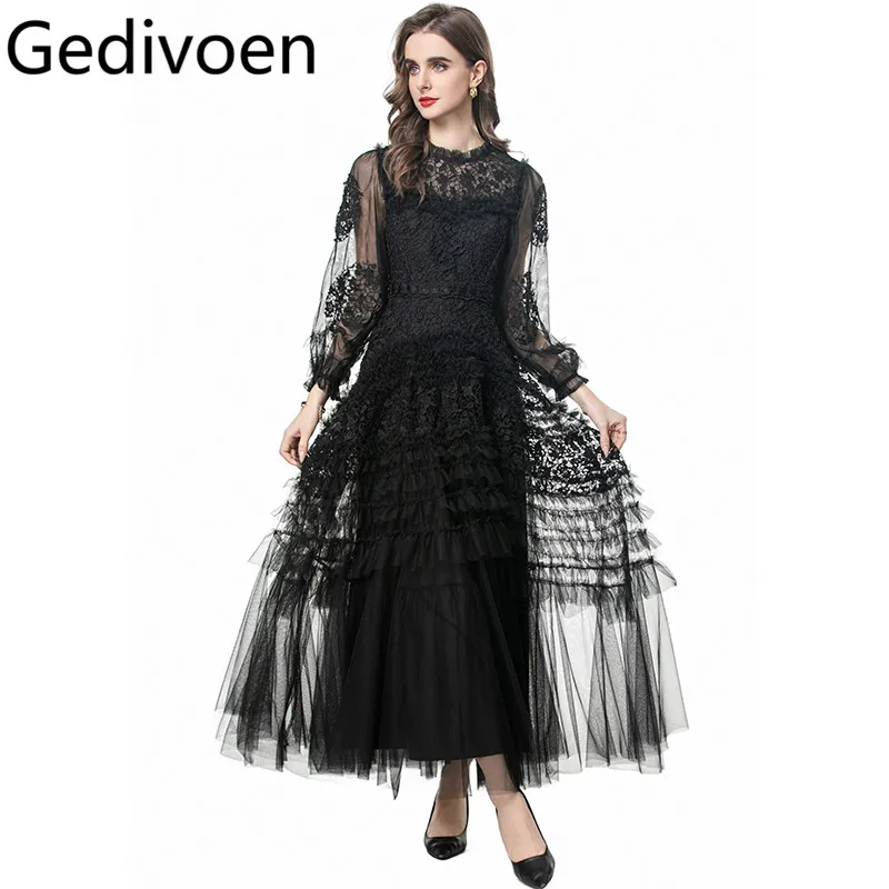 Gedivoen Solid Long Sleeve Slim Maxi Fungus Dress Party Prom Clothes Women Lace Hollow Out Long S-4XL Dresses