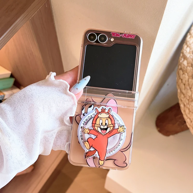 Cute Cartoon Tom and Jerry Magnetic Holder Magsafe Wireless Charge Phone Case For Samsung Galaxy Z Flip 8 7 6 5 Hard TPU Cover