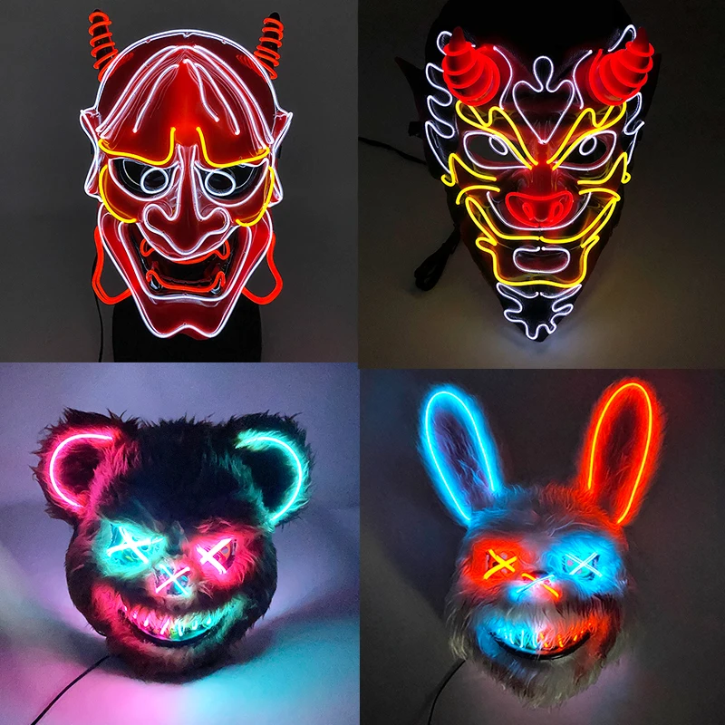 Light Up Japanese Oni Devil Mask LED Luminous Prajna Horror Mask Full Face Halloween Bar Party Props Neon Glowing Demon Mask