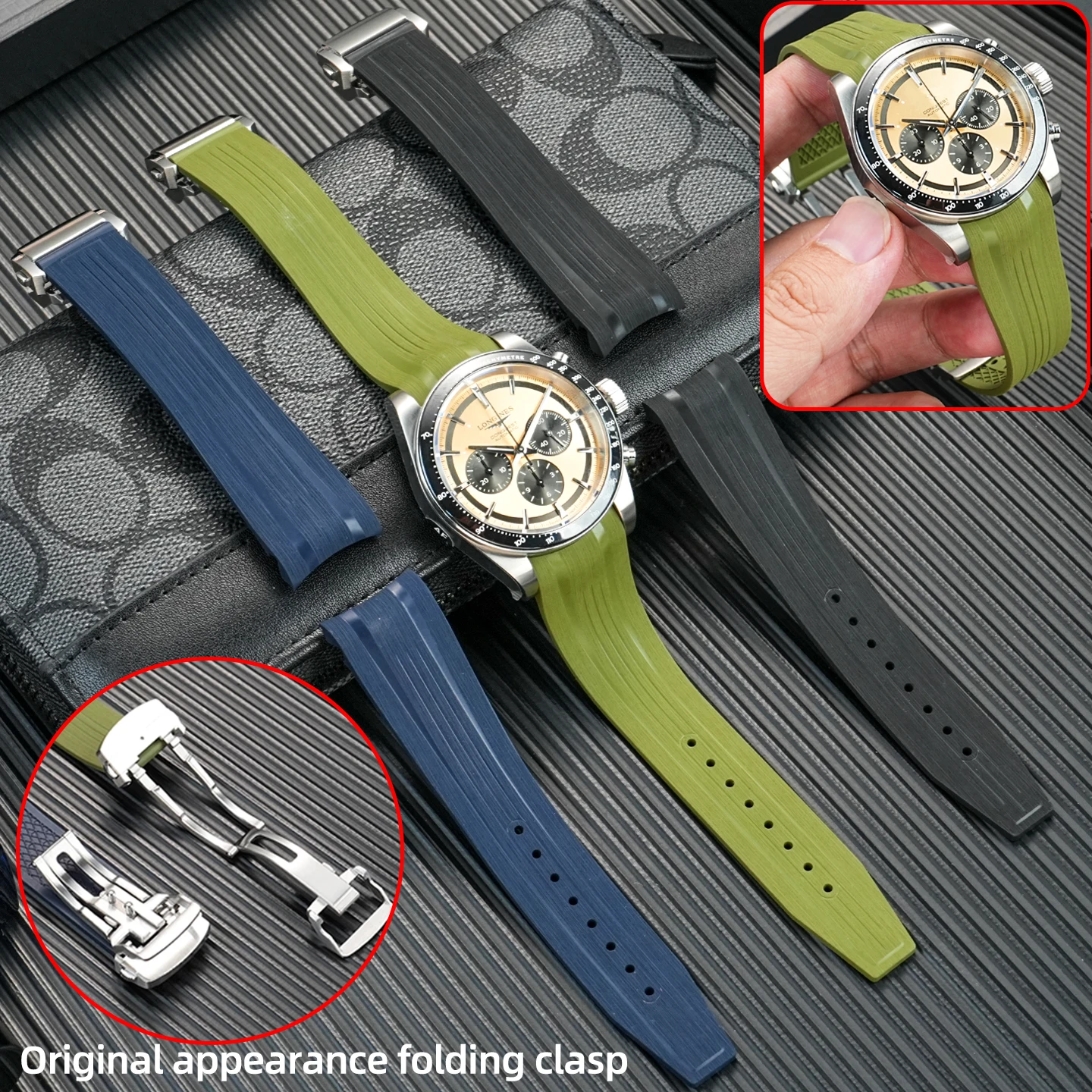 Bracelet de montre FKM incurvé pour Longines CONQUEST GMT L3.890.4 L3.790.4 L3.830.4, bracelet de montre en caoutchouc fluoré pour hommes, boucle pliante 21mm 22mm
