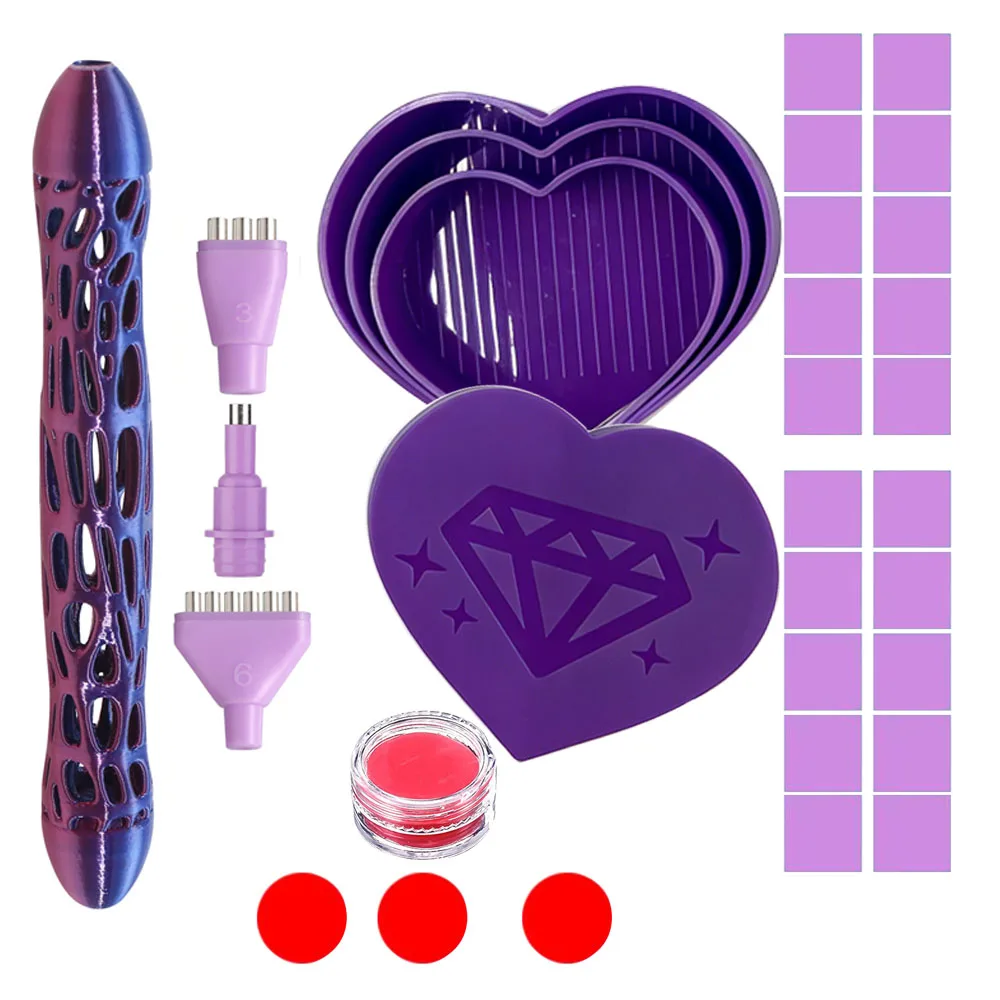 5D Diamond Painting Pen Set Hollow Metal Drill Pen with 3/6 Multi Placer Tips, Heart Shape Silicone Tray, Diamond Wax DIY Diamon