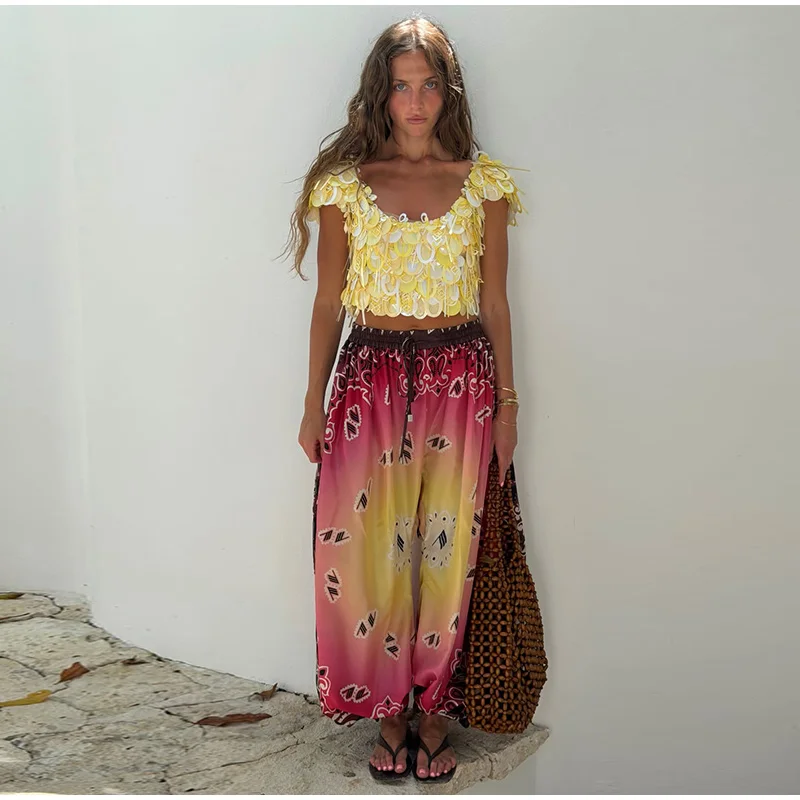 2026 Summer Gradient Contrast Print Harem Pants Oversize Baggy Elastic Waist Boho Trousers Women New Trendy Classy Lady Bottoms