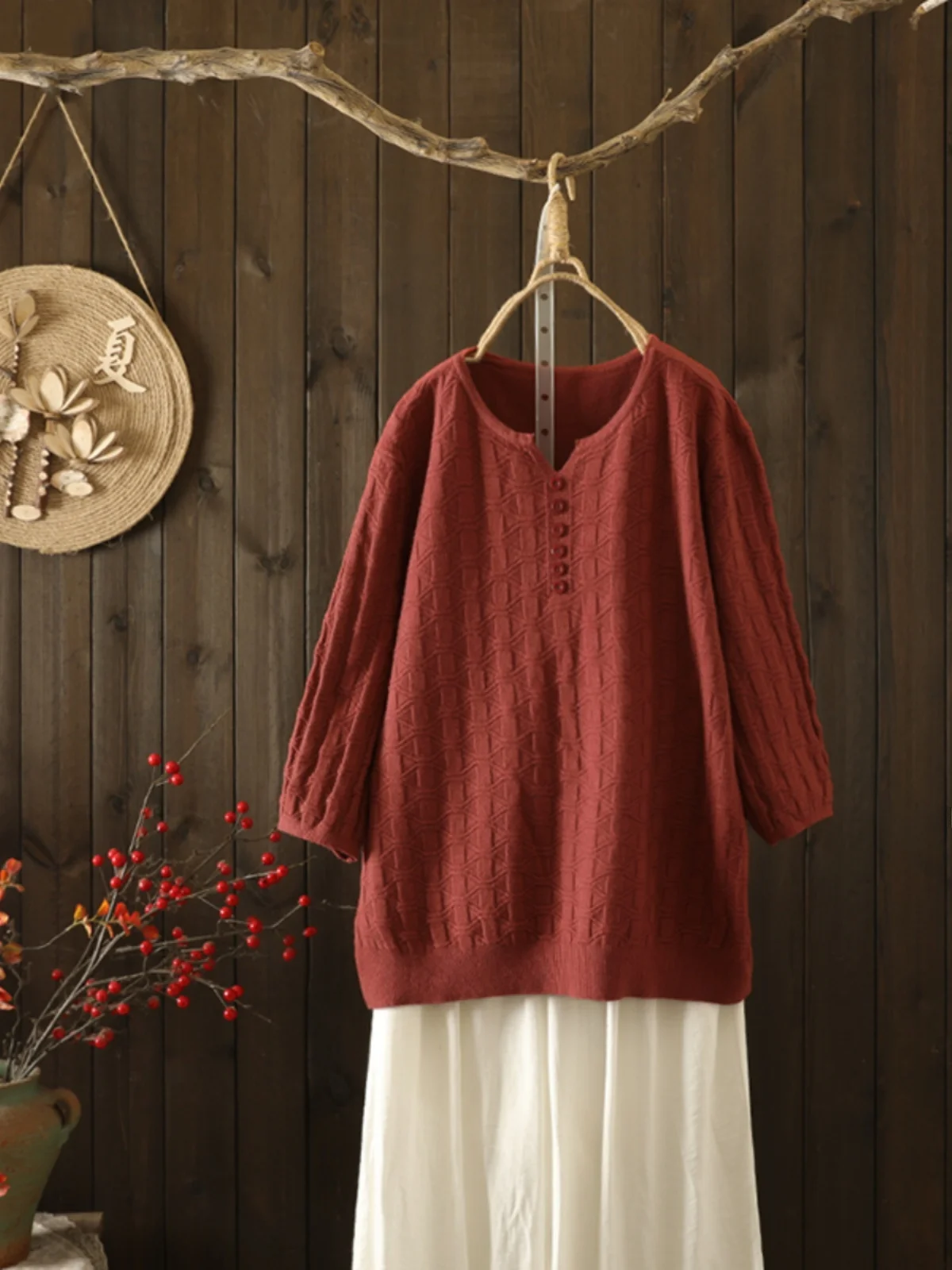 

Early Autumn Casual Pure Color Knitted Sweater V-Ne Slimming Seven-Quarter Sve Base irt Women's plus Size Top