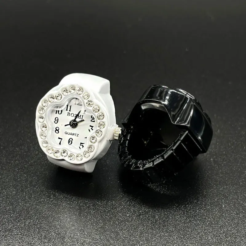 WLP Cute Creative Rhinestone Star Clock Dial Finger Rings Retro Roman Quartz Watch Ring z elastycznym paskiem Mężczyźni Kobiety Biżuteria