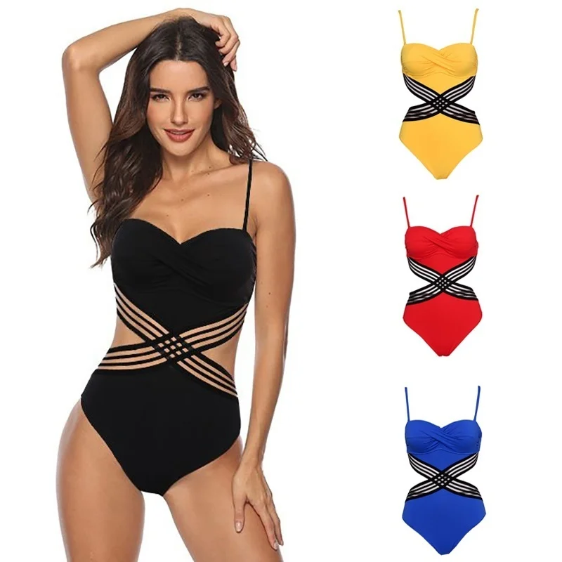 

Sexy Splicing One Piece Swimsuit Cut Out Monokini Cross Mesh Bandage Swimwear Women Backless High Waist Bathing Suits Beachwear