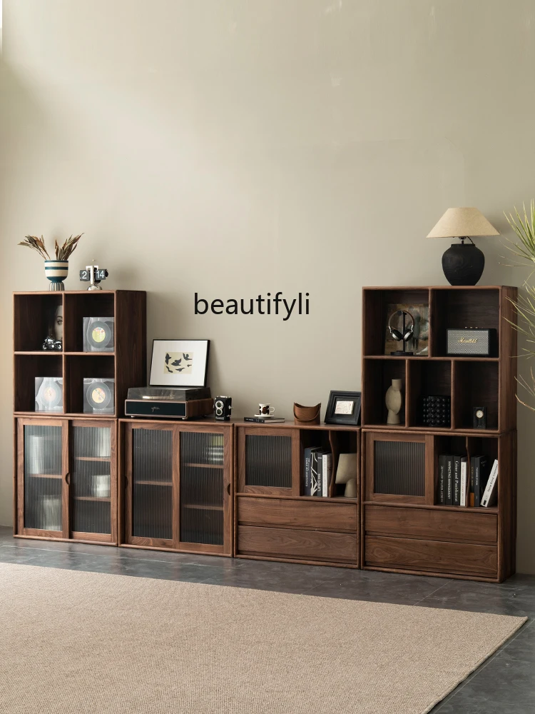 Black Walnut Module Combined Bookcase Dust-Proof Display Cabinet with Door Glass Living Room Floor Low Cabinet