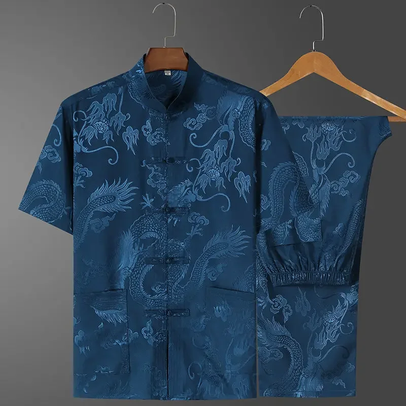 

Chinese Stand Collar Tang Suit Men Short Sleeve Vintage Hanfu Clothing Hand Button Cheongsam Casual Dragon Kong Fu Clothes